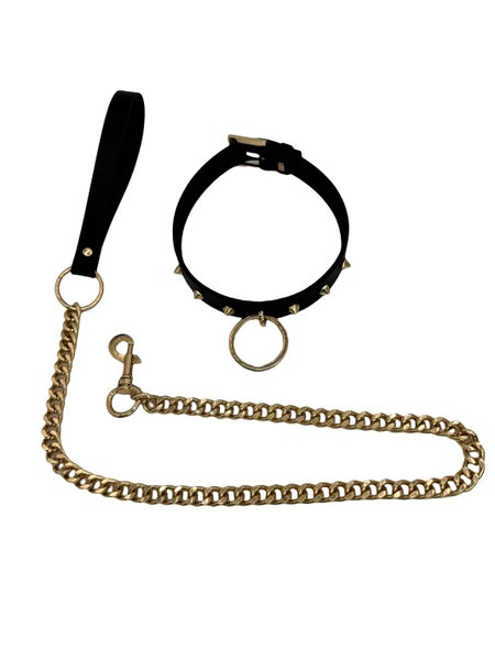 Nahkainen kaulapanta ja talutushihna